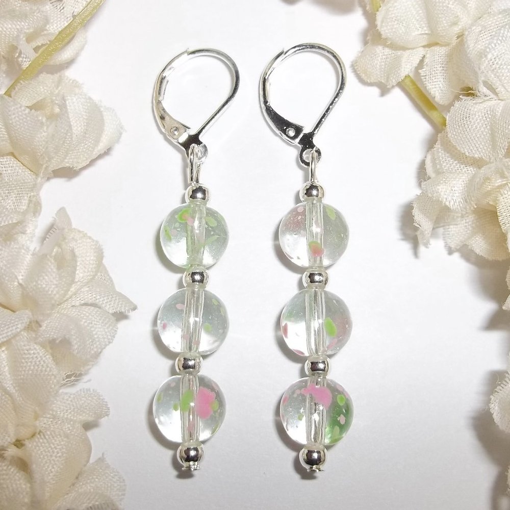 Clear Pink & Green Earring Set Handmade NWT 5146